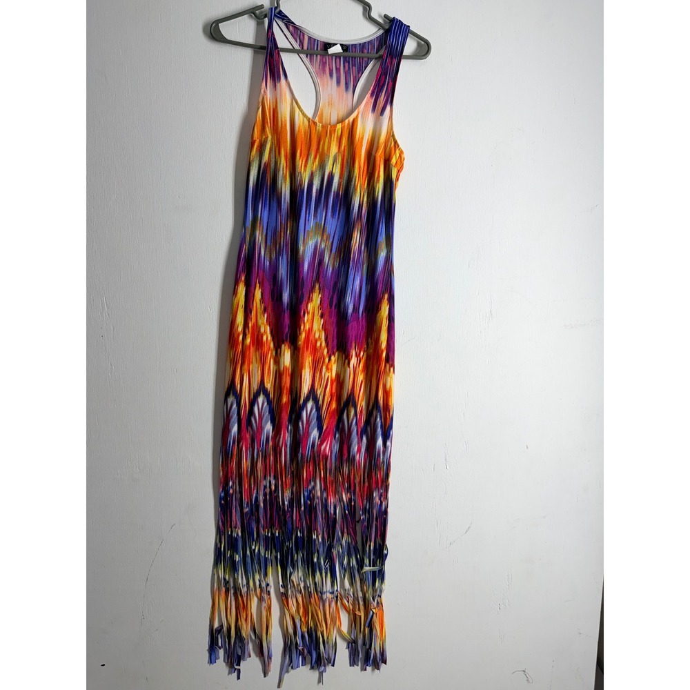 Venus Multicolor Ikat Chevron Fringe Maxi Dress Racerback Summer Coverup Medium